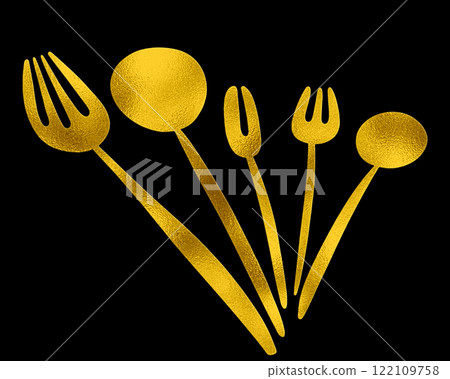 Gold silhouette illustration of a set of stylish forks and spoons, cut out on black background Gold silhouette illustration of a set of stylish forks and spoons, cut out on black background 122109758