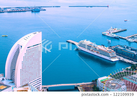 Yokohama cityscape in Japan. First arrival at port. View of Viking Eden and water buses at Shinko Pier passenger ship terminal (19th) 122109939
