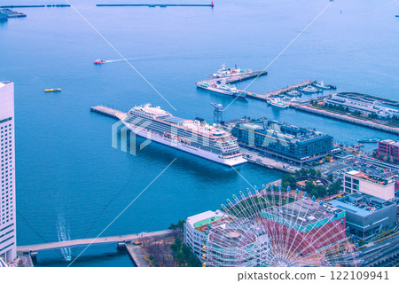 Yokohama cityscape in Japan. First arrival at port. View of Viking Eden and water buses at Shinko Pier passenger ship terminal (19th) 122109941
