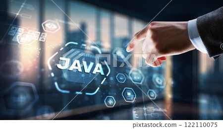 Businessman clicks Java programming language application concept on virtual screen 122110075