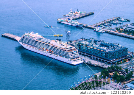 Yokohama cityscape in Japan. First arrival at port. View of Viking Eden and water buses at Shinko Pier passenger ship terminal (19th) 122110299