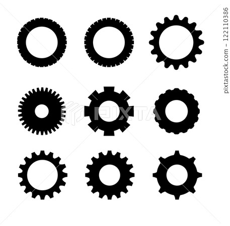 Gears shapes line icons. Flat machine gear icon. Wheel cogwheel vector. Simple outline isolated elements. Black gear. Gears shapes line icons. Flat machine gear icon. Wheel cogwheel vector. Simple outline isolated elements. Black gear. 122110386
