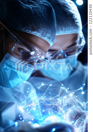 Doctor and surgeon work in harmony, reflecting medical teamwork and precision. Surgeon accuracy and doctor focus ensure success in challenging medical procedures. Unified care concept. Doctor and surgeon work in harmony, reflecting medical teamwork and precision. Surgeon accuracy and doctor focus ensure success in challenging medical procedures. Unified care concept. 122110430