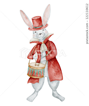 Watercolor illustration of a Bunny dressed as a Circus Performer and playing a drum. Cute Rabbit for Baby shower greeting cards or childish birthday invitations. Drawing of animal for kids carnival. Watercolor illustration of a Bunny dressed as a Circus Performer and playing a drum. Cute Rabbit for Baby shower greeting cards or childish birthday invitations. Drawing of animal for kids carnival. 122110612
