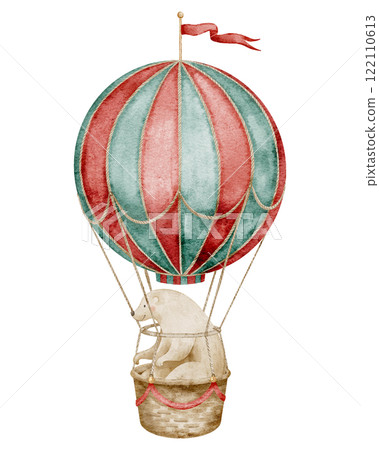 Watercolor illustration of Bear in vintage hot air Balloon. Retro Circus aerostat with red and green stripes and basket for Baby shower greeting card or childish birthday invitation. Cute art for kid. Watercolor illustration of Bear in vintage hot air Balloon. Retro Circus aerostat with red and green stripes and basket for Baby shower greeting card or childish birthday invitation. Cute art for kid. 122110613