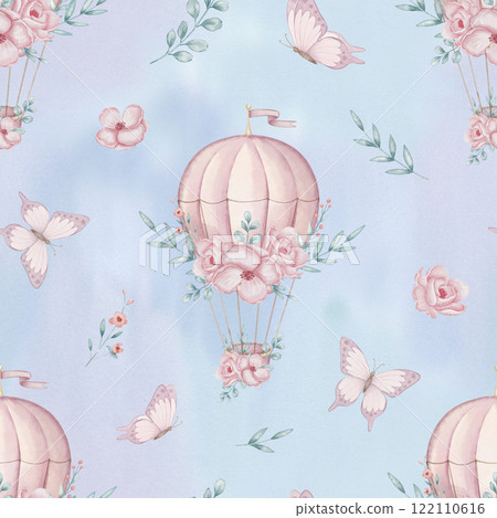 Seamless watercolor Pattern with pink hot air balloon, flowers and butterflies on pastel blue background. Illustration for baby girl wallpaper or childish textile design. Cute ornament for kids. 122110616