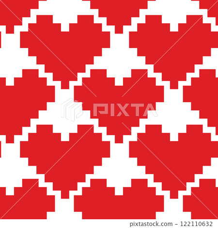 Pixels Stylized Heart shape Seamless pattern in trendy monochrome red. St Valentine Day Background 122110632