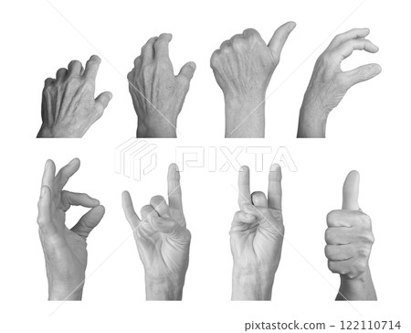 Elderly woman's hand showing a grasping pose with thumb up, combining gestures of rock horn and Elderly woman's hand showing a grasping pose with thumb up, combining gestures of rock horn and 122110714