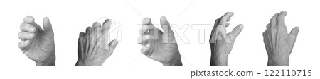 Elderly woman's hand reaching out in a grasping pose, fingers curled as if holding or seizing 122110715