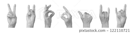 Elderly female hand showing gestures like peace, victory, and rock horn, thumb up, and clenched fist Elderly female hand showing gestures like peace, victory, and rock horn, thumb up, and clenched fist 122110721