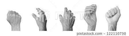 Elderly female hand outstretched in a grasping gesture, wrinkled skin with visible veins, dorsal Elderly female hand outstretched in a grasping gesture, wrinkled skin with visible veins, dorsal 122110730