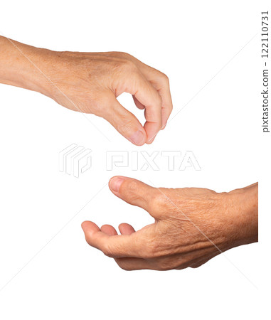 Elderly female hand open and reaching, side view with palm up, fingers slightly curled in a gesture Elderly female hand open and reaching, side view with palm up, fingers slightly curled in a gesture 122110731