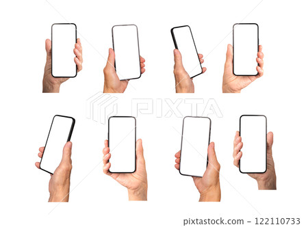 Elderly female hand holding smartphone with blank screen, wrinkled skin, clear display mockup, front 122110733