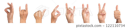 Elderly female hand displaying gestures such as peace, victory, rock horn, and thumb up, wrinkled 122110734