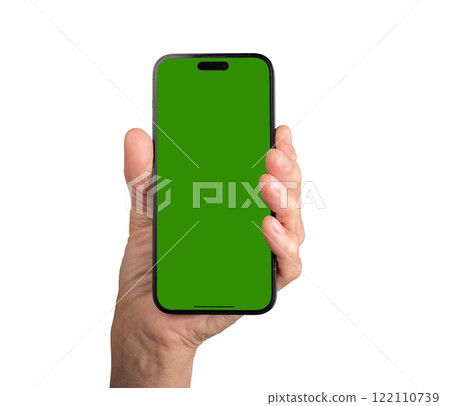Elderly caucasian woman's hand holding a smartphone with a blank green chromakey screen, upright Elderly caucasian woman's hand holding a smartphone with a blank green chromakey screen, upright 122110739