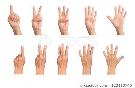 Elderly caucasian hand counting numbers 1 to 5, fingers extended with palmar and dorsal views, 122110740