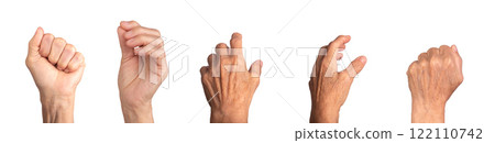 Elderly caucasian female hand reaching with wrinkled skin, palm and fingers in a grasping or Elderly caucasian female hand reaching with wrinkled skin, palm and fingers in a grasping or 122110742