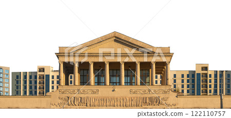 Classical building facade with neoclassical columns, symmetrical design with framed windows, Classical building facade with neoclassical columns, symmetrical design with framed windows, 122110757