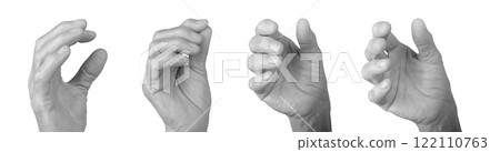 Wrinkled female hand reaching to grab, curled fingers, soft anatomy, gesture of grasping or holding, 122110763
