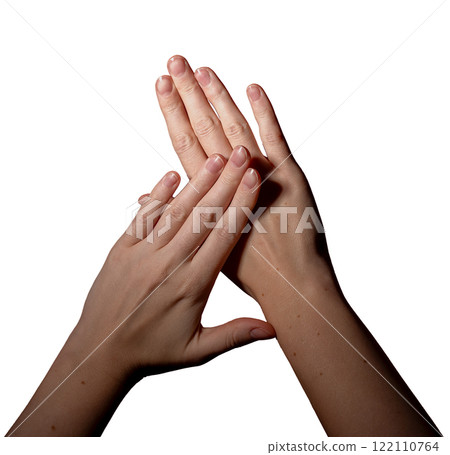 Well-groomed feminine hands with natural, glossy nails, demonstrating clean and neat japan manicure, 122110764