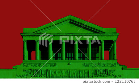 Surreal classical facade blending traditional old and modern kitsch style, columns and pediment with 122110765