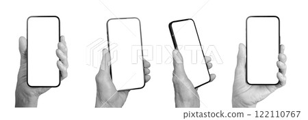 Old women hands holding smartphone screen mockup, set. Blank mobile display mock up isolated on Old women hands holding smartphone screen mockup, set. Blank mobile display mock up isolated on 122110767