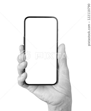 Elderly woman's hand holding a smartphone with a blank gray screen, upright display, wrinkled Elderly woman's hand holding a smartphone with a blank gray screen, upright display, wrinkled 122110790