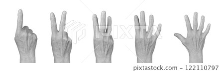 Elderly hand showing counting gestures from 1 to 5, dorsal view with visible knuckles and wrinkled 122110797