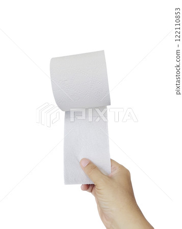 Hand Holding a Roll of Toilet Paper on white background 122110853