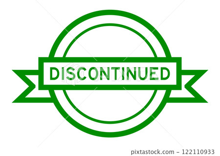 Vintage green color hexagon label banner with word discontinued on white background 122110933