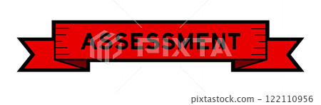 Ribbon label banner with word assessment in red color on white background 122110956