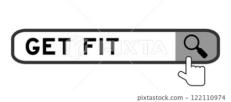 Search banner in word get fit with hand over magnifier icon on white background 122110974
