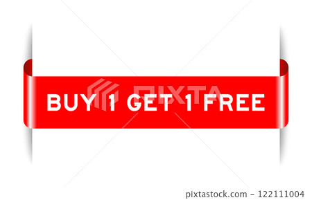 Red color inserted label banner with word buy 1 get 1 free on white background 122111004