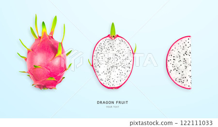 Creative layout made of pitahaya (dragonfruit). Flat lay. Food concept. Pitahaya (dragonfruit) on light blue background.  Fresh organic dragon fruit from the garden. creative summer food concept. 122111033