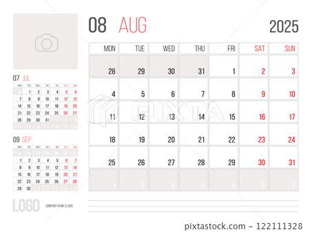 Calendar 2025 planner corporate template design of August month 122111328