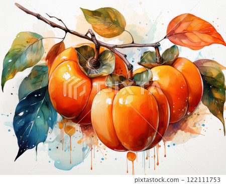 Watercolor painting of persimmons hanging on a branch 122111753