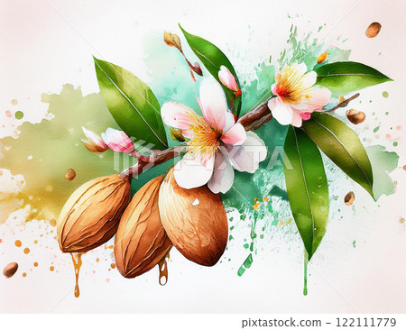 Watercolor painting of almonds blossom 122111779