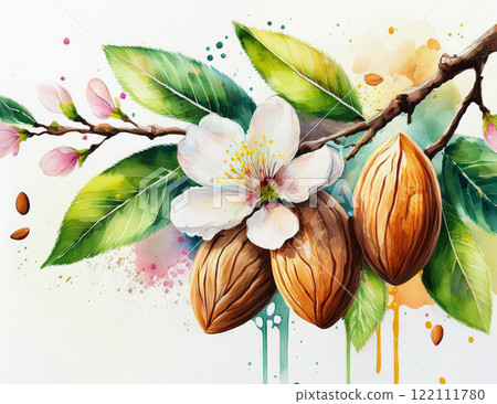 Watercolor painting of almonds blossom 122111780