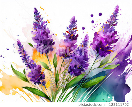 Watercolor lavender with colorful drops and splashes Watercolor lavender with colorful drops and splashes 122111792