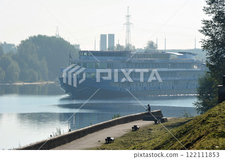 A river ship sails along the Volga River in Tver A river ship sails along the Volga River in Tver 122111853