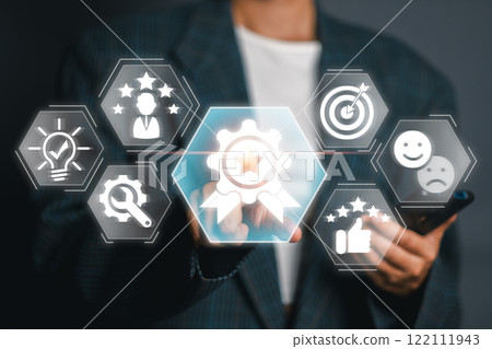 Visual representation of excellence with icons symbolizing success, innovation, and quality in business and personal growth. Visual representation of excellence with icons symbolizing success, innovation, and quality in business and personal growth. 122111943