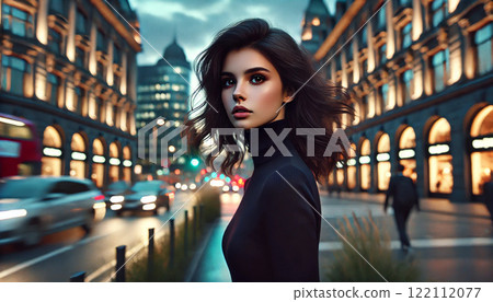 Portrait of a woman walking through the city at dusk Portrait of a woman walking through the city at dusk 122112077