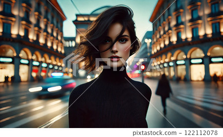 Portrait of a woman walking through the city at dusk 122112078