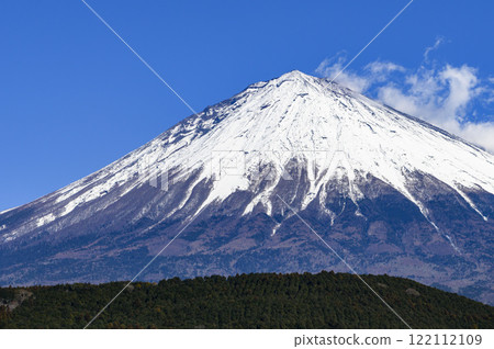 A close-up of a spectacular view of Mt. Fuji from Fujinomiya City, Shizuoka Prefecture 122112109