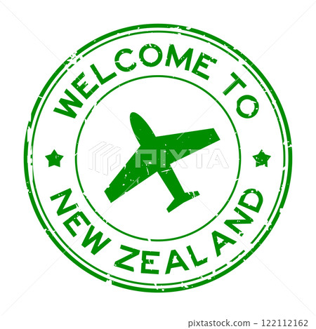 Grunge green welcome to new zealand with airplane icon round rubber seal stamp on white background 122112162