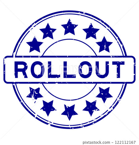 Grunge blue rollout word with star icon round rubber seal stamp on white background Grunge blue rollout word with star icon round rubber seal stamp on white background 122112167