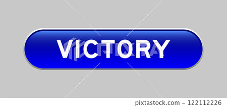 Blue color capsule shape button with word victory on gray background 122112226