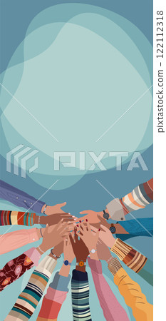 Group hands on top of each other of multicultural people. Community teamwork cooperation or ethnicity concept.Diverse culture. Equality diversity inclusion. Agreement between colleagues 122112318