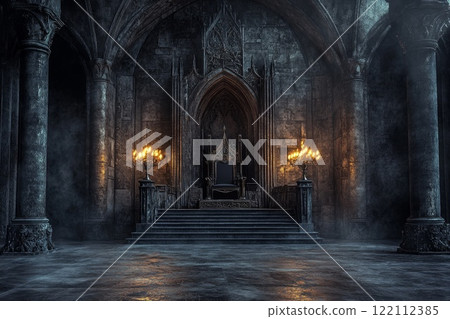 Gothic fantasy castle hall with throne and torches. 122112385