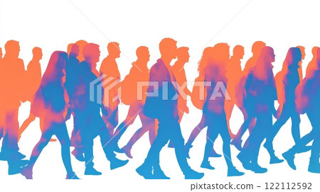 Crowd silhouettes in blue orange colors on a white background. 122112592